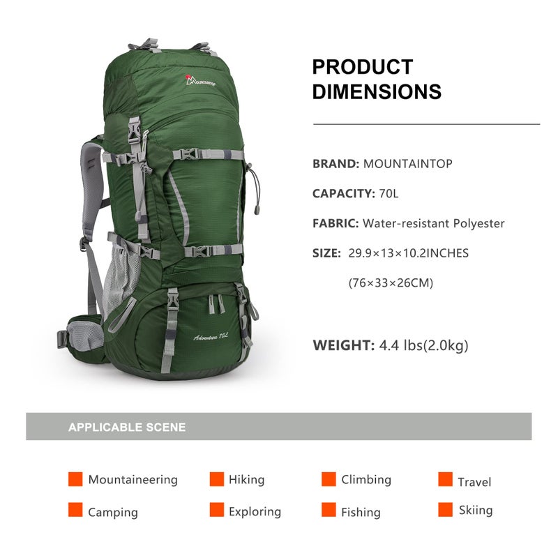 MOUNTAINTOP 70L Internal Frame Backpack Camping Backpacking Hiking Backpack for Men Women with Rain Cover,Dark Green - Image 2